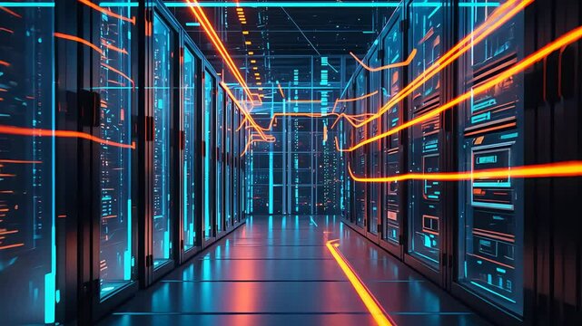 Futuristic data center with glowing orange data streams and blue server racks, showcasing high-tech computing environment with sleek modern design