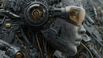 Fototapeta premium Stylish handsome cyborg head in profile. Futuristic man