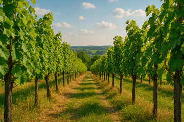 Naklejka premium Rows of green grapevines grow in sunny vineyard with clear blue sky and distant hills, creating peaceful and vibrant agricultural landscape