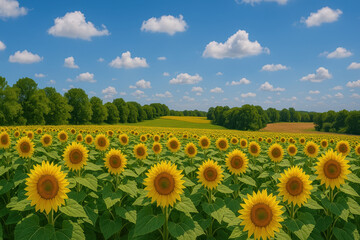Obraz premium Vibrant sunflower field under bright blue sky with scattered white clouds, surrounded by lush green trees and rolling hills, creating peaceful and cheerful landscape