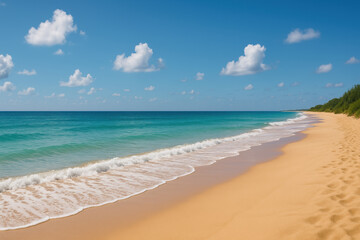 Fototapeta premium Tropical beach with golden sand and turquoise water under bright blue sky with scattered white clouds, creating peaceful and inviting coastal scene