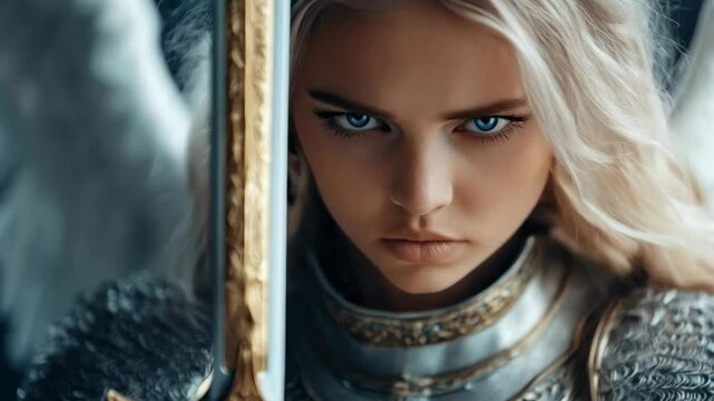 Woman warrior with sword and wings. Blonde girl as angelic fighter. Religious symbol of strength and protection. Concept art for Easter, Christmas, All Saints' Day.