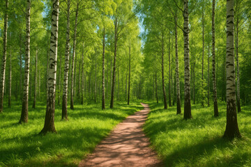Obraz premium Peaceful dirt path winds through bright green birch forest with tall slender trees and fresh grass under clear blue sky, evoking calm and natural beauty