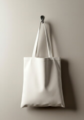 Minimalist white tote bag hanging against a neutral wall  