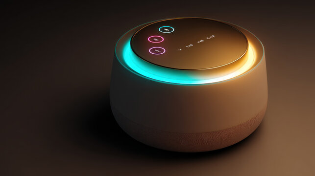 Virtual assistant represented as a glowing orb of data. dot home assistant smarthome speaker. Intelligent home assistant hub, glowing touch interface, minimal style - Powered by Adobe
