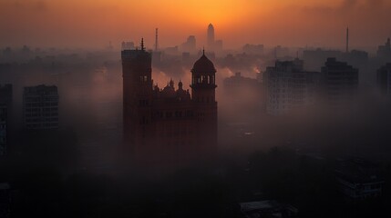 Majestic Sunrise Cityscape Silhouette Dramatic Foggy Urban Architecture Building sky old dawn haze
