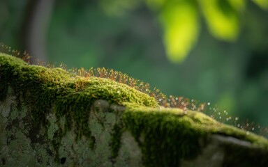 Naklejka premium Sunlit moss on a stone with delicate spores in a lush forest.