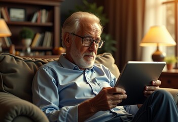 Fototapeta premium Elderly man looking confused at tablet in cozy living room 