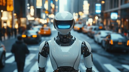 An AI-driven robotic police officer patrolling a smart city