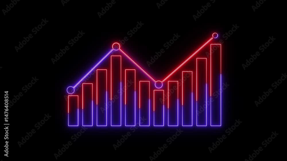 Poster neon animated data chart with bars and line graph.animated neon light bar chart with line graph on b