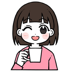 Obraz premium コップを持つウインクで笑う女の子のイラスト