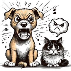 Fototapeta premium A cartoon-styled illustration of a barking dog next to an angry cat with expressive faces, designed in hand-drawn comic style for humor and fun.