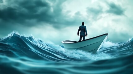 Person in boat navigating stormy waters