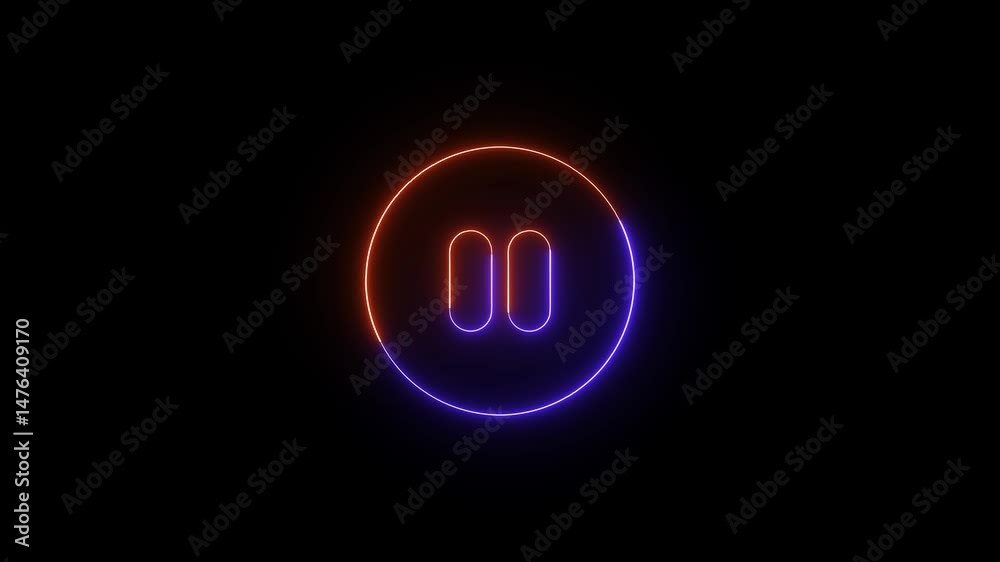 Poster Neon pulsing pause icon animation.Illuminated neon pause symbol animation on black background illustrating media control interface elements and digital technology visualization