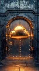 Metallic doorway with golden cloud symbol.