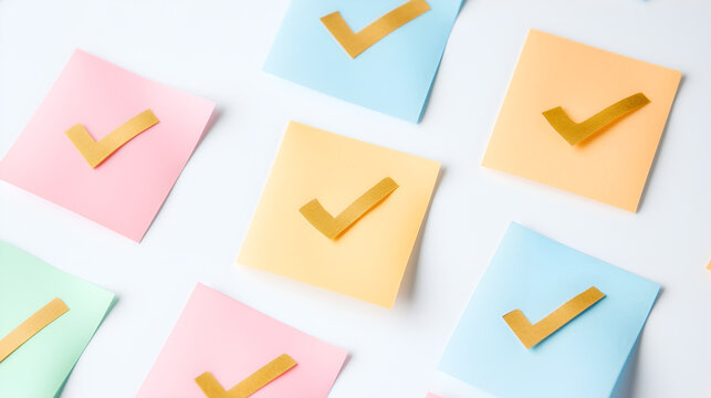 Colorful sticky notes arranged in an organized manner, each bearing a golden check mark, a symbol of task completion and confirmation