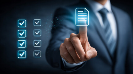 Obraz premium Businessman interacting with digital checklists and documents, symbolizing productivity and organization in modern workspace. image conveys sense of efficiency and professionalism