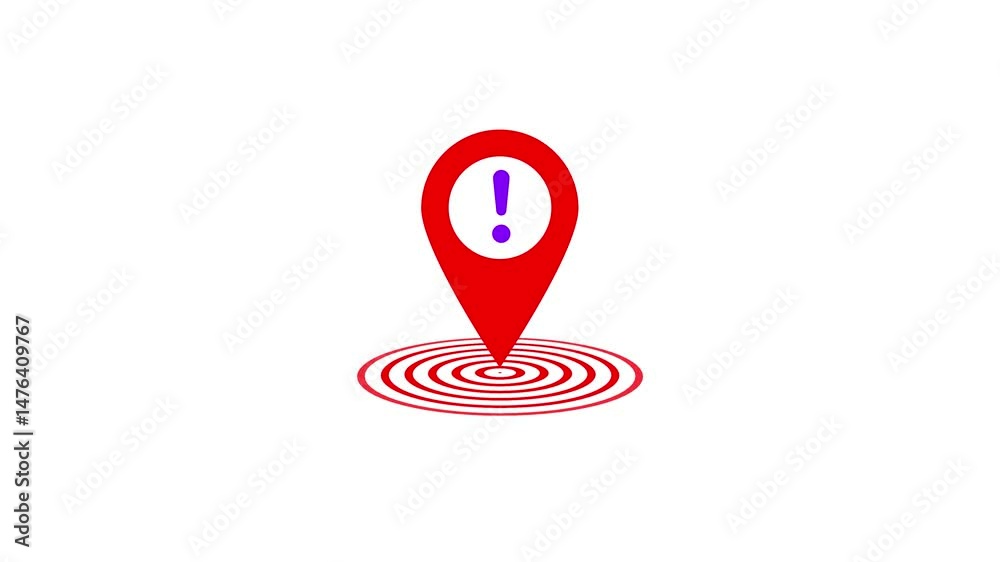 Poster red map pointer icon with purple exclamation point.red map pointer icon with purple exclamation poin