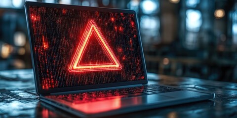 A glowing red triangle icon on a laptop screen, with a digital, abstract pattern. This futuristic image is ideal for cybersecurity, error, or warning-related content on websites and blogs.

