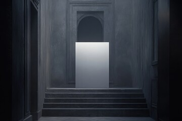 Ethereal white canvas in a grand, dimly lit hallway