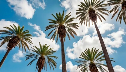 A Vibrant Upward View of Several Tall Palm Trees Silhouetted Against a Bright Blue Sky Filled with Fluffy White Clouds on a Sunny Day, Evoking a Tropical Paradise and Summer Vacation Vibes.