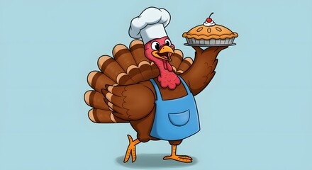 Cartoon turkey wearing chef hat and apron holding a pie in its hands on white background