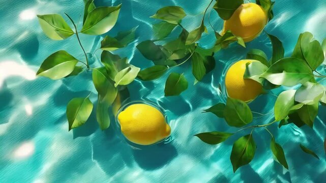 Lemons with green leaves floating on the surface of clear water. Concept of freshness and tropical lifestyle.