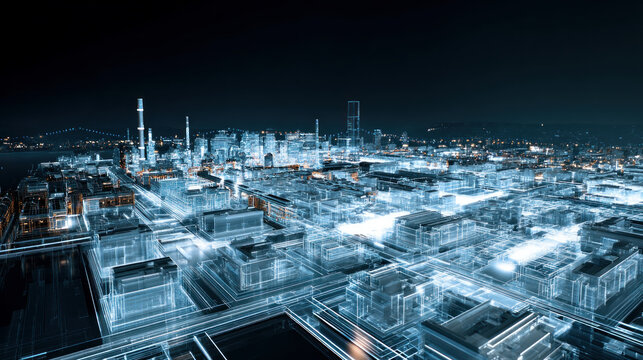 Modern city with wireless network connection and city scape concept. Wireless network and Connection technology concept with city background at night.