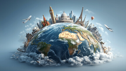 A miniature Earth showcases famous landmarks, airplanes, and clouds, symbolizing global travel and international destinations.