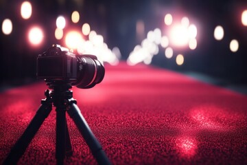 Camera on Tripod Capturing Red Carpet Event with Bokeh Lights Close Up Angle Glamorous Photography