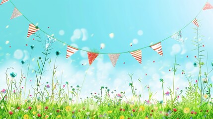 Flag Day Natural Background: Red Flags Merge with Wilderness, Spreading an Ecological Scroll Co - painted by Mountains, Rivers, Plants and Flag Passion