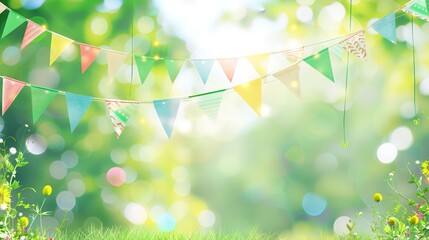 Flag Day Natural Background: Red Flags Merge with Wilderness, Spreading an Ecological Scroll Co - painted by Mountains, Rivers, Plants and Flag Passion