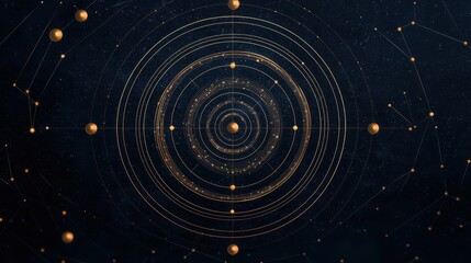 Obraz premium Abstract cosmic design with concentric circles and golden spheres on a dark background with starry elements