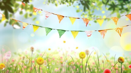 Flag Day Natural Background: Red Flags Merge with Wilderness, Spreading an Ecological Scroll Co - painted by Mountains, Rivers, Plants and Flag Passion