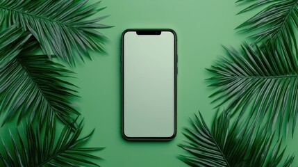Smartphone Surrounded by Green Tropical Leaves on a Vibrant Background for Modern Technology and Nature Themes