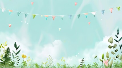 Flag Day Natural Background: Red Flags Merge with Wilderness, Spreading an Ecological Scroll Co - painted by Mountains, Rivers, Plants and Flag Passion