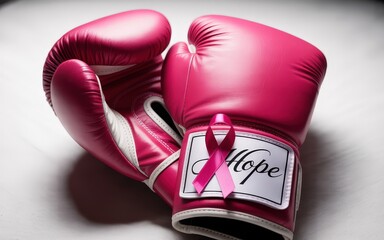 Pink boxing gloves with a breast cancer awareness ribbon.