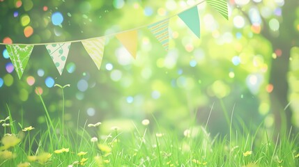 Flag Day Natural Background: Red Flags Merge with Wilderness, Spreading an Ecological Scroll Co - painted by Mountains, Rivers, Plants and Flag Passion