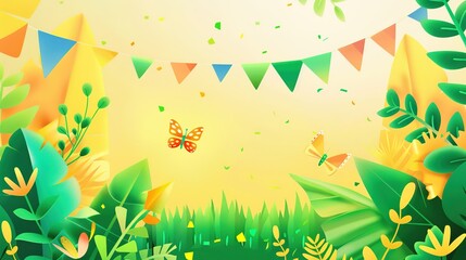 Flag Day Natural Background: Red Flags Merge with Wilderness, Spreading an Ecological Scroll Co - painted by Mountains, Rivers, Plants and Flag Passion