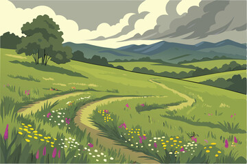 Fototapeta premium 64 wide angle view of a lush green meadow with a spiral pattern of colorful wildflowers, mountains in the background, dramatic clouds in the sky, beautiful natural landscape, detailed, vivid colors, h