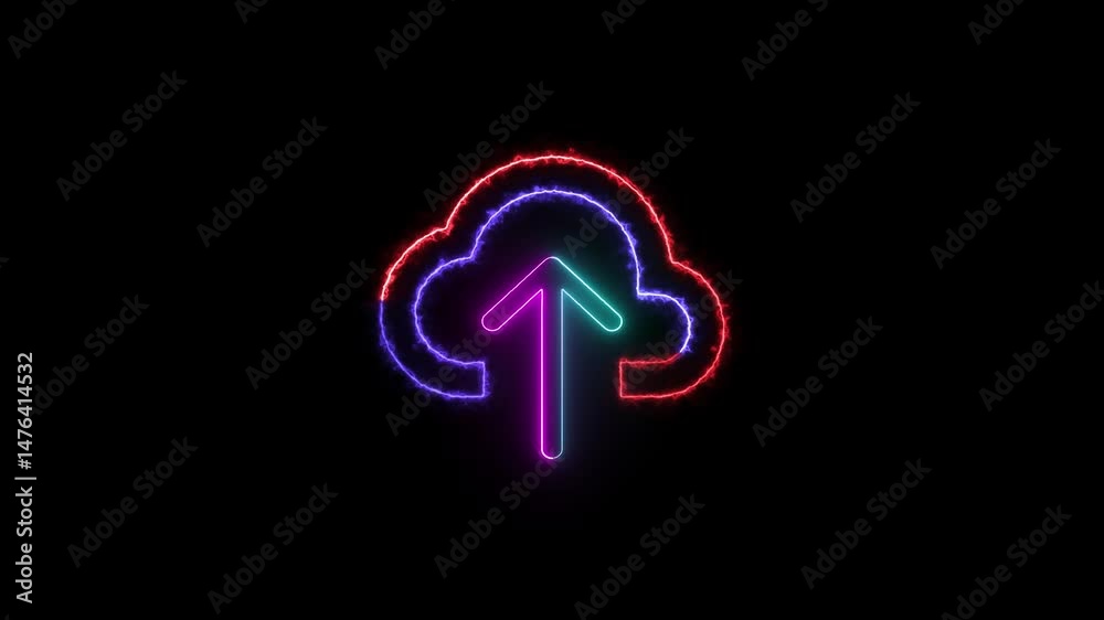 Poster neon cloud upload icon with glowing effects.animated neon cloud upload icon on a black background fo