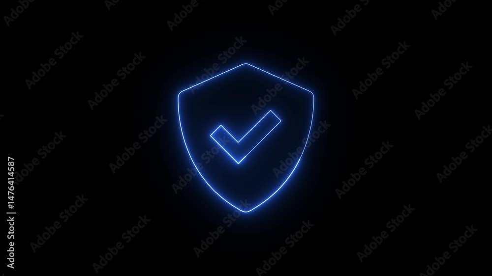 Poster glowing neon shield with check mark symbolizing security and verification.animated neon security shi