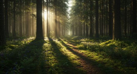 Obraz premium Sunlight streams through tall trees in a dark, enchanted forest, illuminating a mossy path on floor.