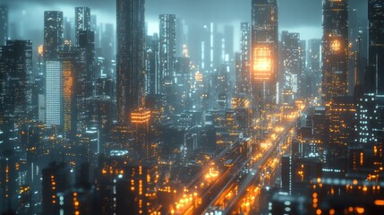 Obraz premium Modern futuristic cityscape at night with illuminated skyscrapers and vibrant neon lights showcasing advanced urban infrastructure and high-tech architecture