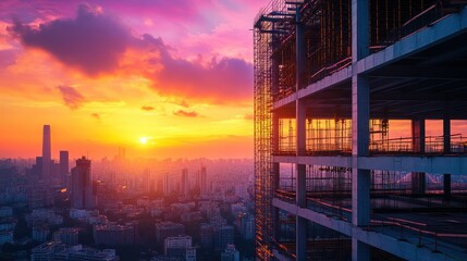 Stunning panoramic view of a vibrant city skyline at sunset with a skyscraper under construction featu glass and dramatic colorful clouds overhead