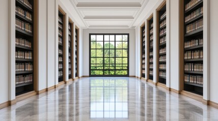 Bright and Airy Library Interior with Tall Windows and Shelves of Books in Modern Architectural Design