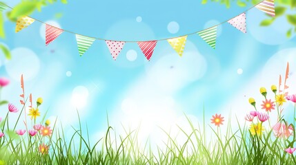 Flag Day Natural Background: Red Flags Merge with Wilderness, Spreading an Ecological Scroll Co - painted by Mountains, Rivers, Plants and Flag Passion