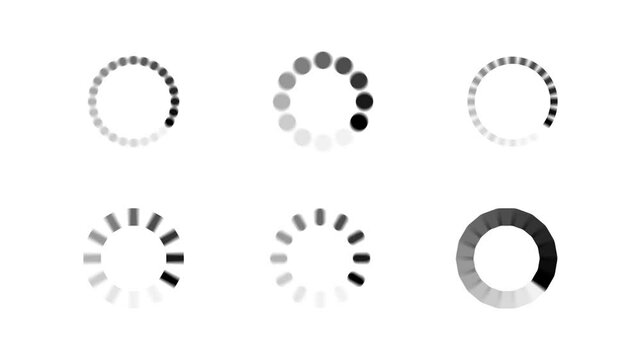 Six loading circles against black backdrop