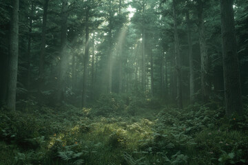 Fototapeta premium A Serene Forest Scene with Sunlight Filtering Through Pine Trees