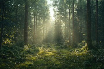Fototapeta premium A Serene Forest Scene with Sunlight Filtering Through Pine Trees